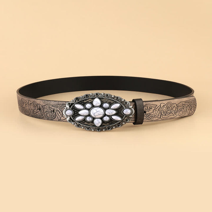 Cintura in pelle goffrata con gemme bianche etniche da donna - image 1