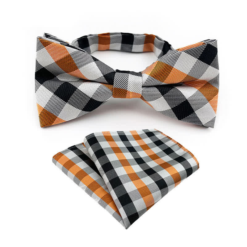 Set da 2 pezzi da uomo con papillon e fazzoletto da taschino a righe a quadri - Arancione e grigio - image 2
