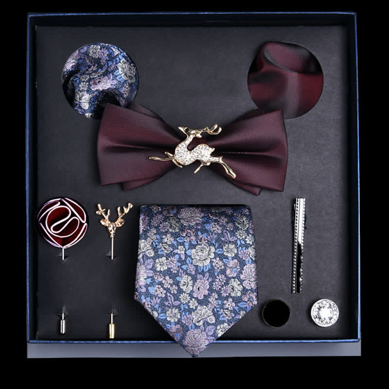 8 pezzi papillon casual con motivo floreale bordeaux e blu, scatola regalo - Borgogna e blu - image 0