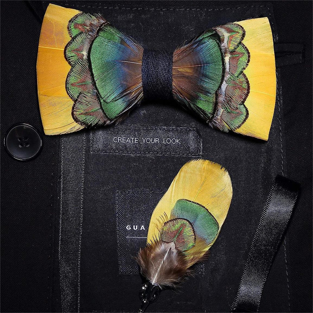 Papillon con piume di pavone giallo brillante e verde per bambini con spilla da bavero - Adulto - image 2