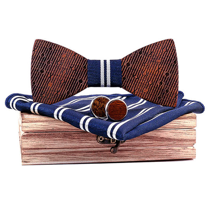 Set di 3 papillon in legno a forma di foglie cave da uomo - A righe blu navy - image 10