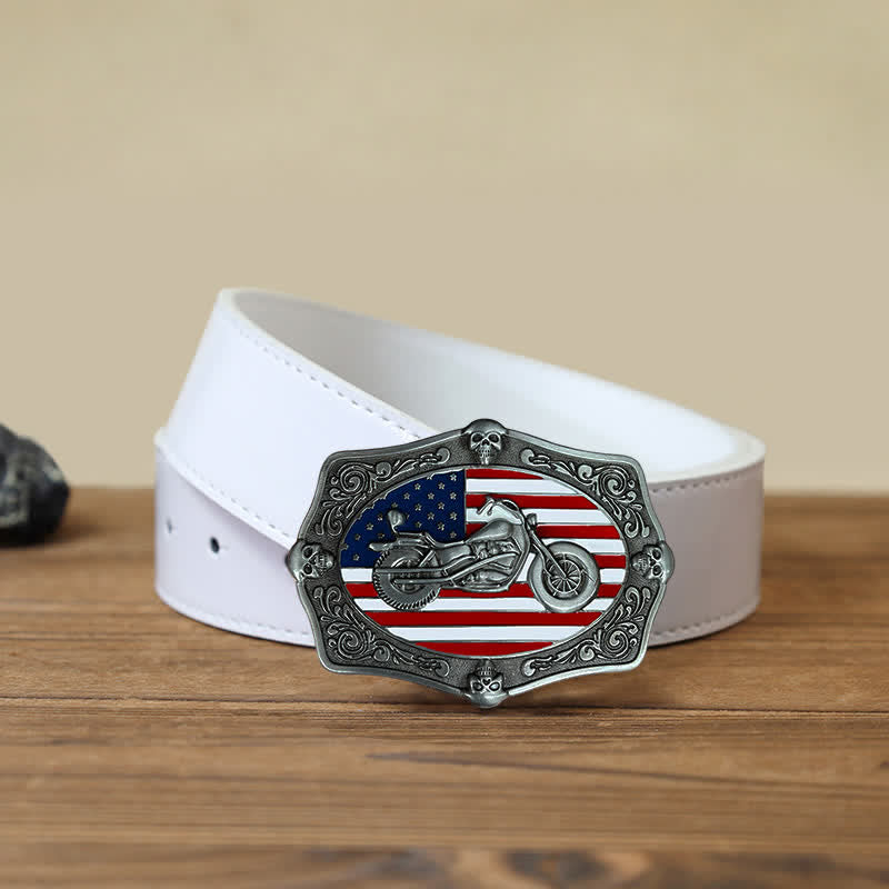 Cintura in pelle con fibbia a forma di teschio con bandiera USA, fai da te, da uomo - Motociclo - Cintura PU bianca (40) - image 5
