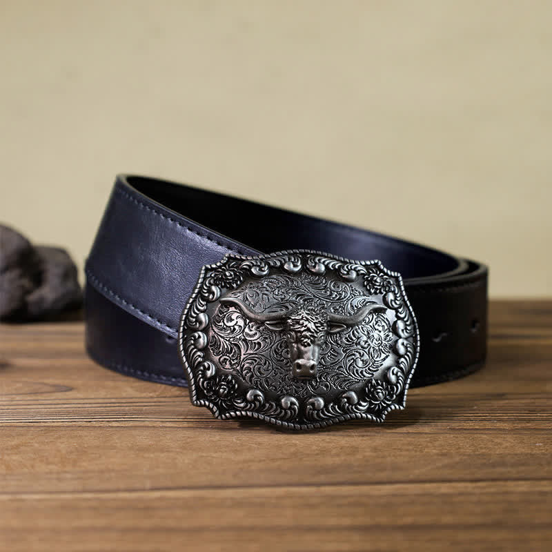 Cintura in pelle fai da te con fibbia in argento anticato Longhorn Bull da uomo - Argento - Cintura PU nera (40) - image 4