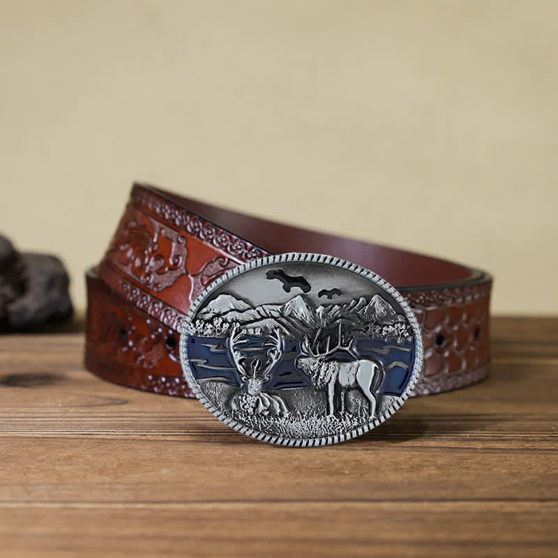 Cintura in pelle con fibbia a forma di cervo con smalto fai da te da uomo - Argento antico - Cintura marrone intagliata (40) - image 10