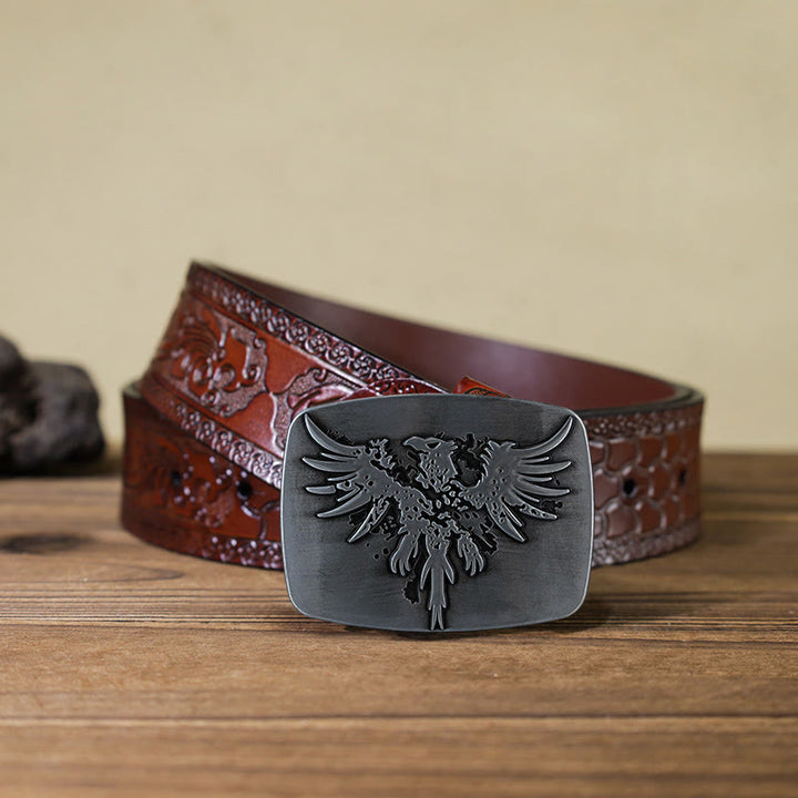 Cintura in pelle con fibbia a forma di aquila fenice risorgente fai da te da uomo - Argento - Cintura marrone intagliata (40) - image 14