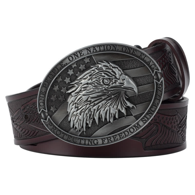 Cintura in pelle con fibbia della bandiera americana con testa d'aquila calva da uomo - Caffè / Grigio - 46 - image 7
