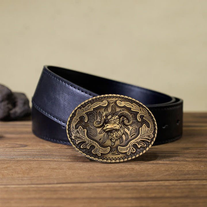 Cintura in pelle con fibbia a forma di testa di capra selvatica in bronzo fai da te da uomo - Capra selvatica - Cintura PU nera (40) - image 3