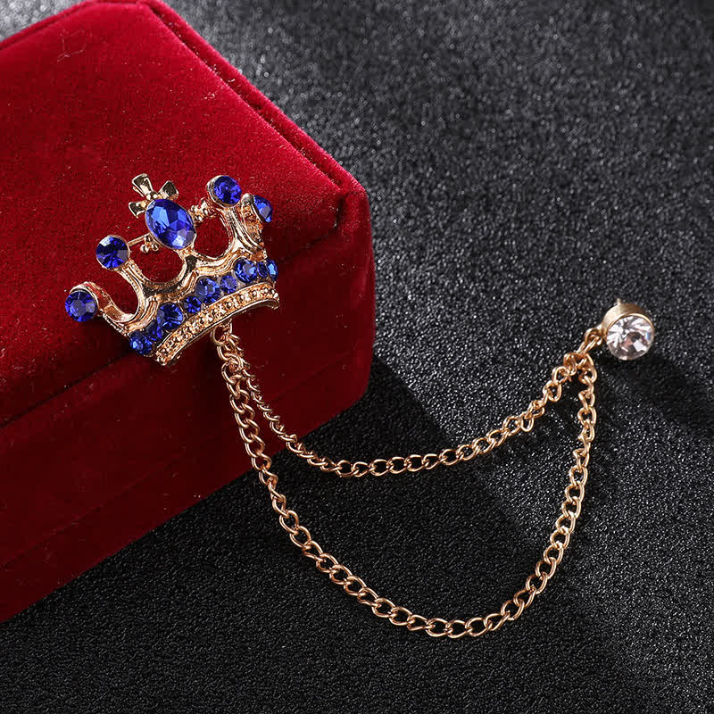 Spilla da uomo con catena a corona retrò e strass - Oro e blu - image 5