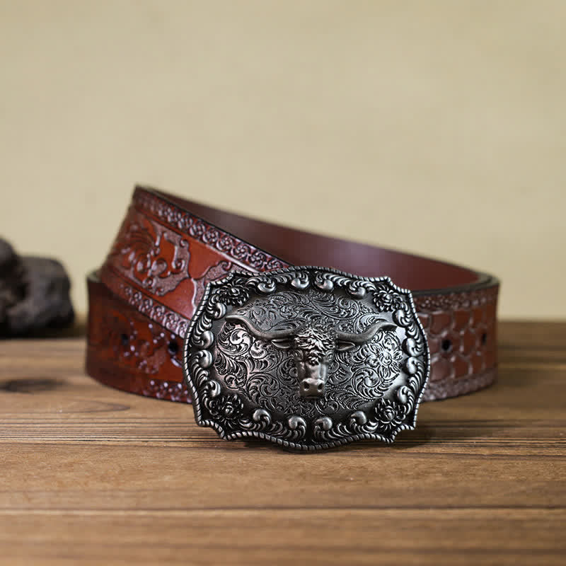Cintura in pelle fai da te con fibbia in argento anticato Longhorn Bull da uomo - Argento - Cintura marrone intagliata (40) - image 16