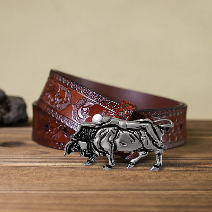 Cintura in pelle con fibbia a forma di toro in argento autentico fai da te da uomo - Toro - Cintura marrone intagliata (40) - image 12