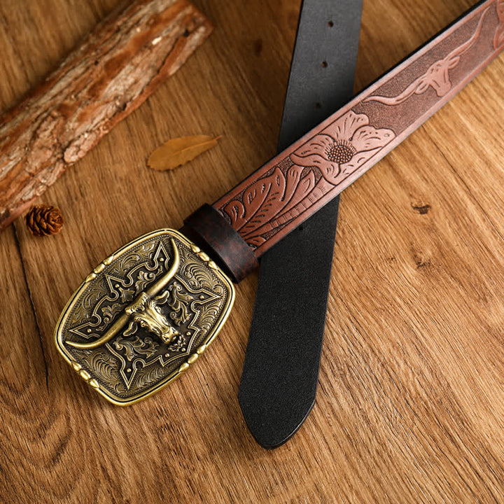 Cintura da uomo in pelle stampata con testa di mucca in stile western - image 1