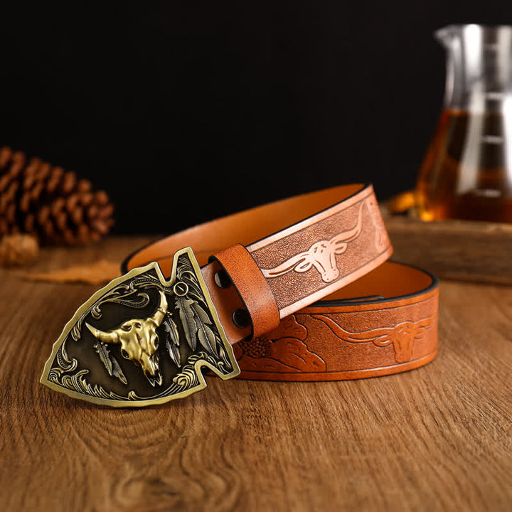 Cintura in pelle da uomo con testa di toro dominante in stile etnico - Marrone / Oro - 42 - image 6