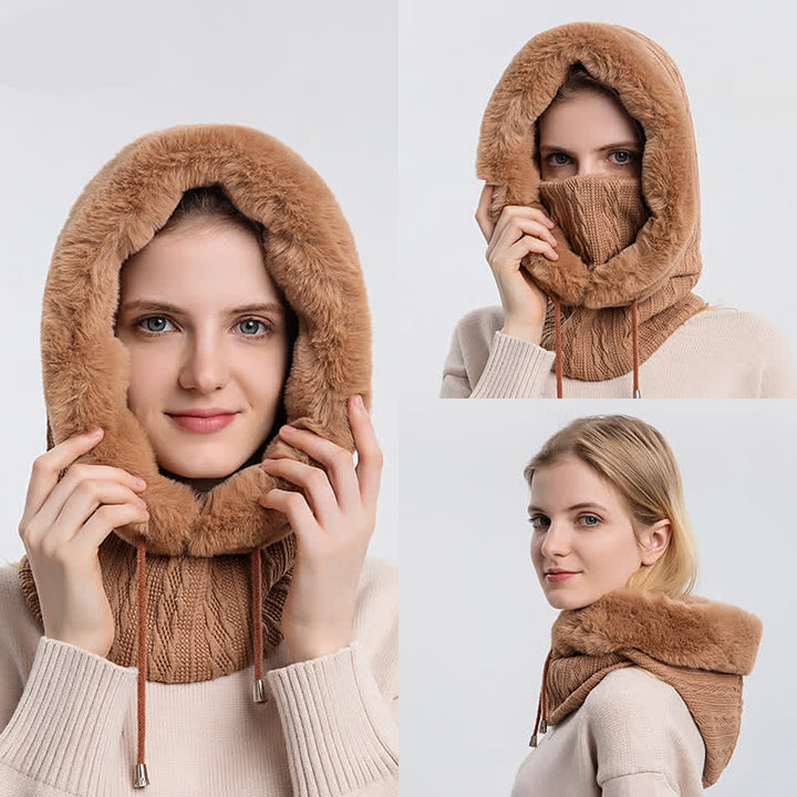 Cappello lavorato a maglia con cappuccio e maschera per il viso color caramella da donna - image 1
