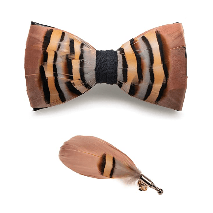 Papillon Genius in piume di cincillà marrone e corallo chiaro con spilla da bavero - image 3