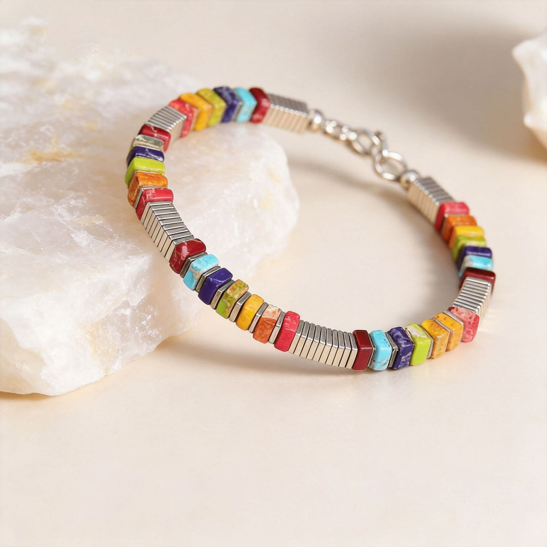 Bracciale vintage boho rettangolare con pietra imperatore multicolore e maglie color argento. - Multicolore#1 - image 0