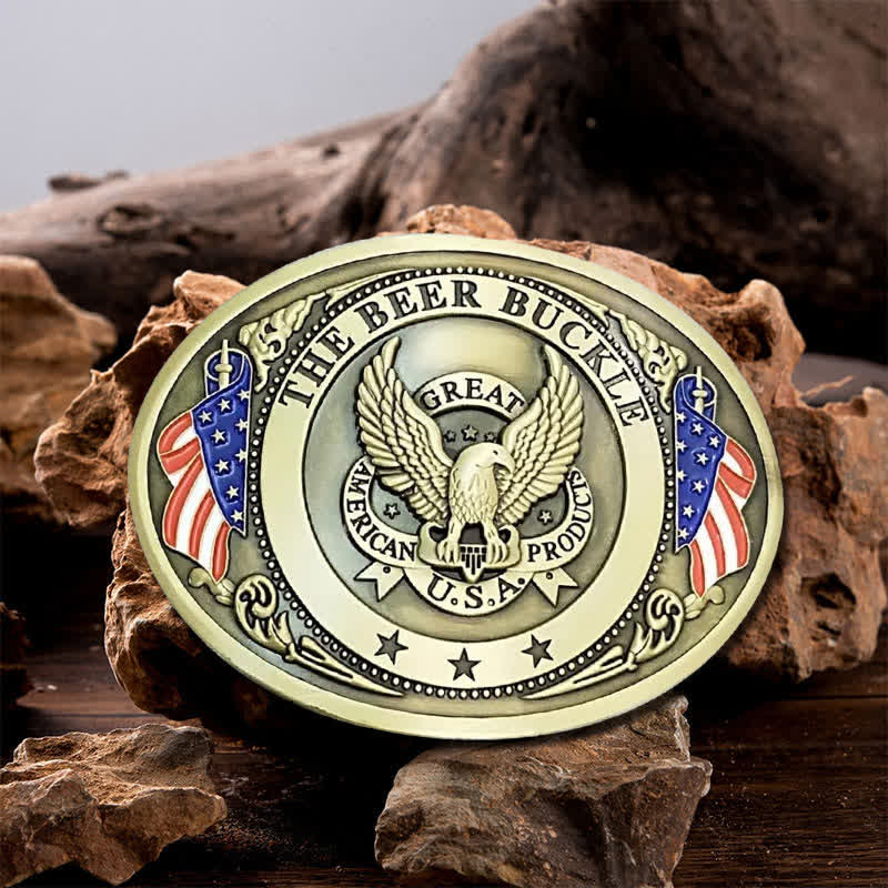 Cintura in pelle con fibbia porta birra creativa fai da te con bandiera USA e aquila da uomo - Bronzo - Senza cintura - image 0