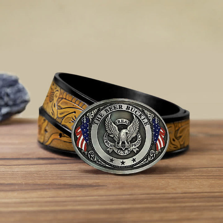Cintura in pelle con fibbia porta birra creativa fai da te con bandiera USA e aquila da uomo - Argento - Cintura marrone sabbia (40) - image 31