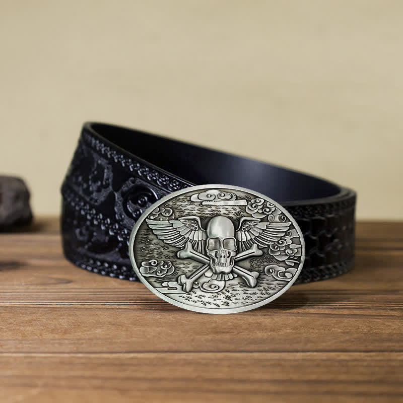 Cintura in pelle con fibbia porta birra creativa fai da te a forma di teschio e angelo da uomo - Argento - Cintura nera intagliata (40) - image 20