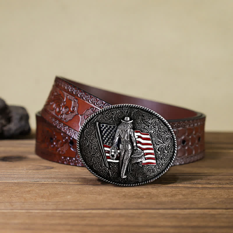 Cintura in pelle con fibbia della bandiera americana da cowboy fai da te da uomo - Argento antico - Cintura marrone intagliata (40) - image 16