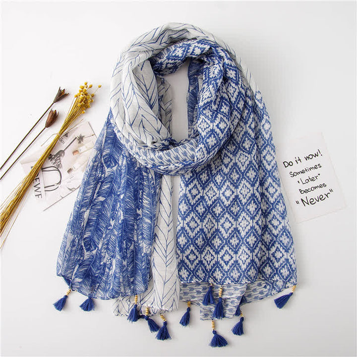 Sciarpa con nappe di perline e motivo a piume da donna - Blu - image 0