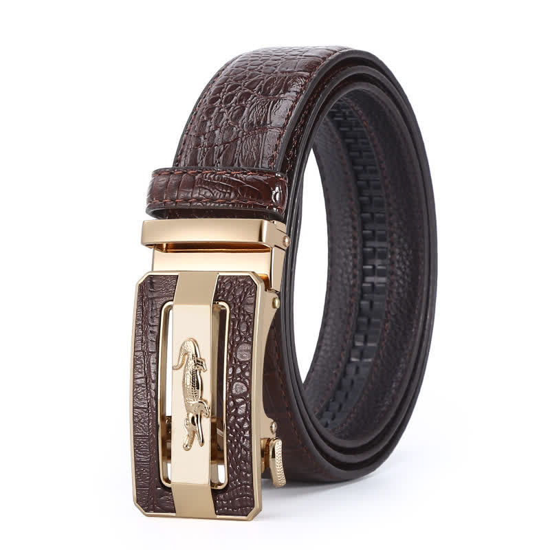 Cintura da uomo in pelle con fibbia automatica con motivo coccodrillo - Stile n. 1 - Marrone / Oro - 44 - image 1