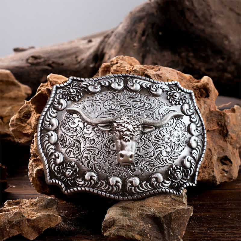 Cintura in pelle fai da te con fibbia in argento anticato Longhorn Bull da uomo - Argento - Senza cintura - image 2