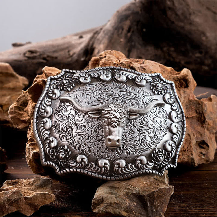 Cintura in pelle fai da te con fibbia in argento anticato Longhorn Bull da uomo - Argento - Senza cintura - image 2