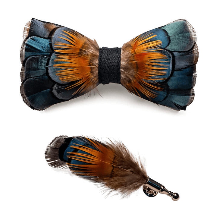 Papillon da bambino verde e arancione con piuma di girasole e spilla da bavero - image 4