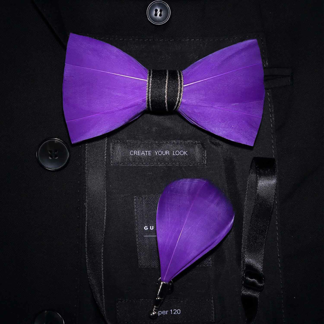 Papillon con piume nobili viola tinta unita con spilla da bavero - Viola - image 0