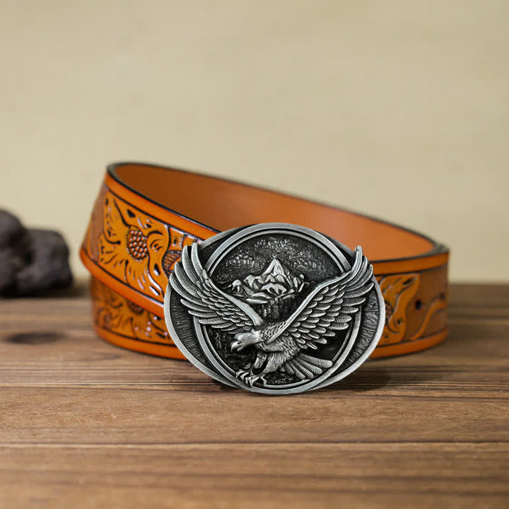 Cintura in pelle con fibbia a forma di aquila volante prepotente fai da te da uomo - Argento antico - Cintura intagliata arancione (40) - image 25