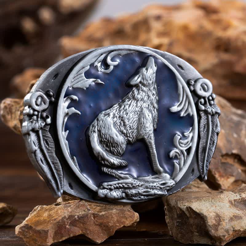 Cintura in pelle con fibbia a forma di lupo ululante e smaltato fai da te da uomo - Blu - Senza cintura - image 3