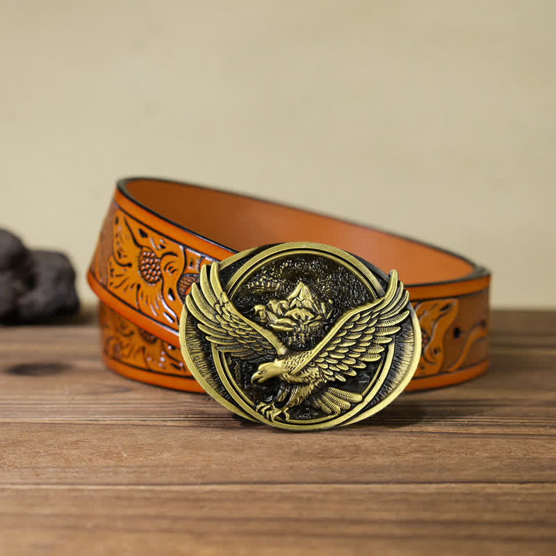 Cintura in pelle con fibbia a forma di aquila volante prepotente fai da te da uomo - Bronzo antico - Cintura intagliata arancione (40) - image 26