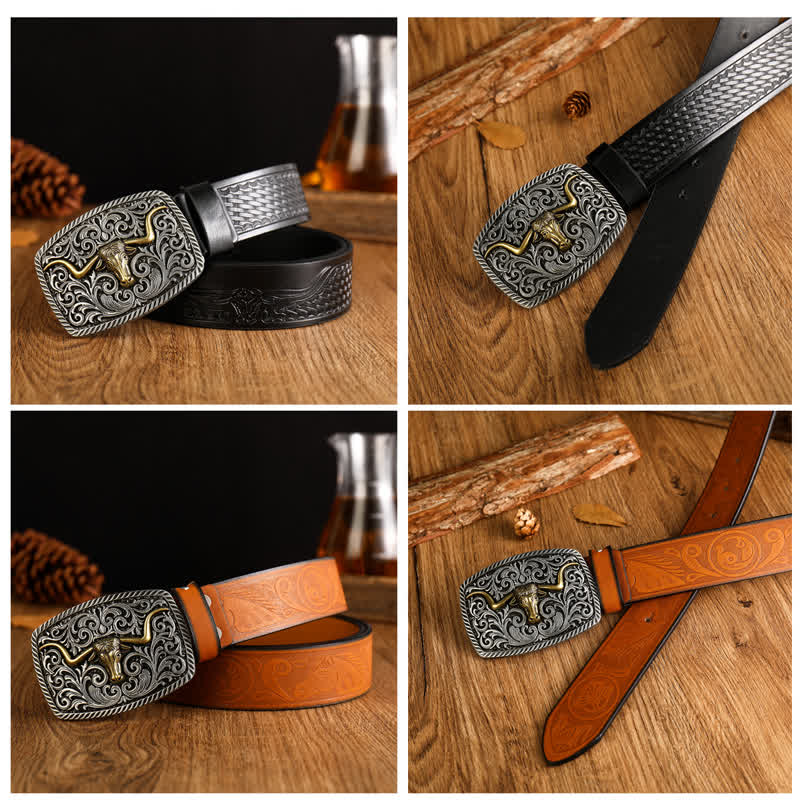 Cintura da uomo in pelle con fibbia a forma di toro quadrato a forma di fiore - image 4