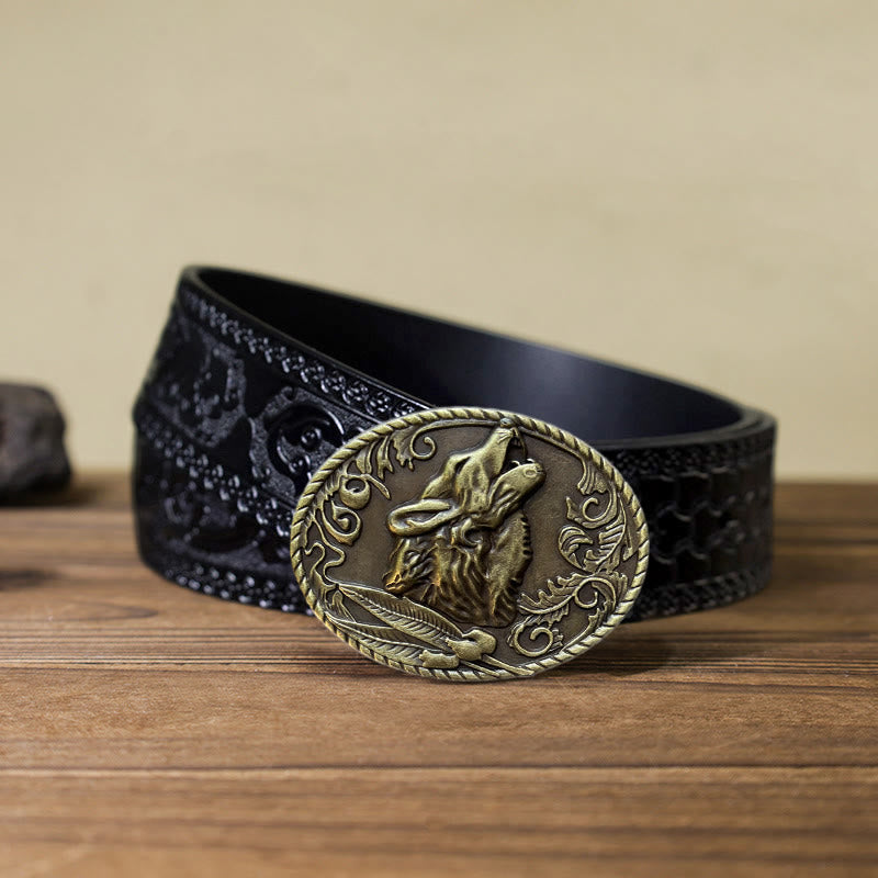 Cintura in pelle con fibbia a forma di testa di lupo ululante fai da te da uomo - Oro antico - Cintura nera intagliata (40) - image 12