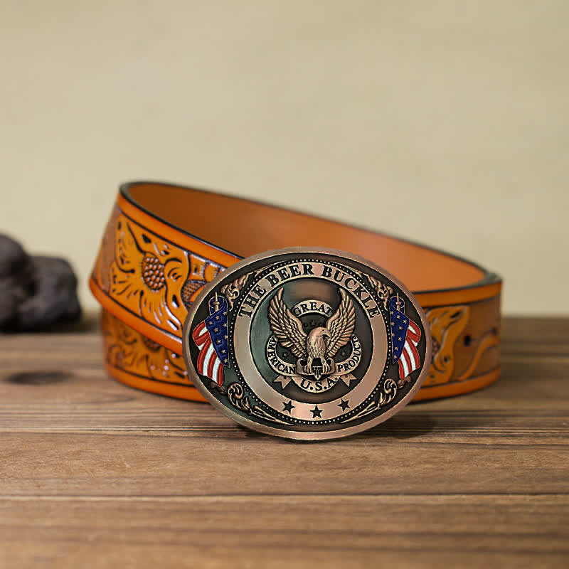 Cintura in pelle con fibbia porta birra creativa fai da te con bandiera USA e aquila da uomo - Rame - Cintura intagliata arancione (40) - image 34