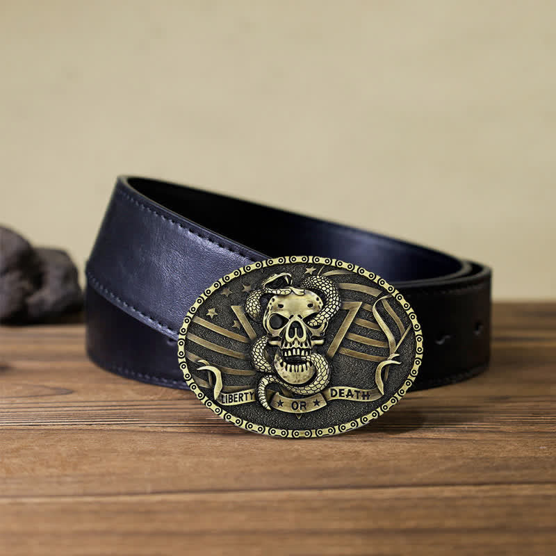 Cintura in pelle fai da te da uomo con fibbia a forma di teschio di serpente "Liberty or Death" - Bronzo antico - Cintura PU nera (40) - image 7