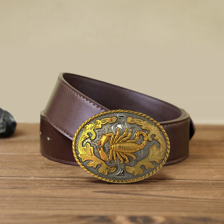 Cintura in pelle con fibbia a forma di scorpione dorato fai da te da uomo - Ovale - Cintura PU marrone (40) - image 14
