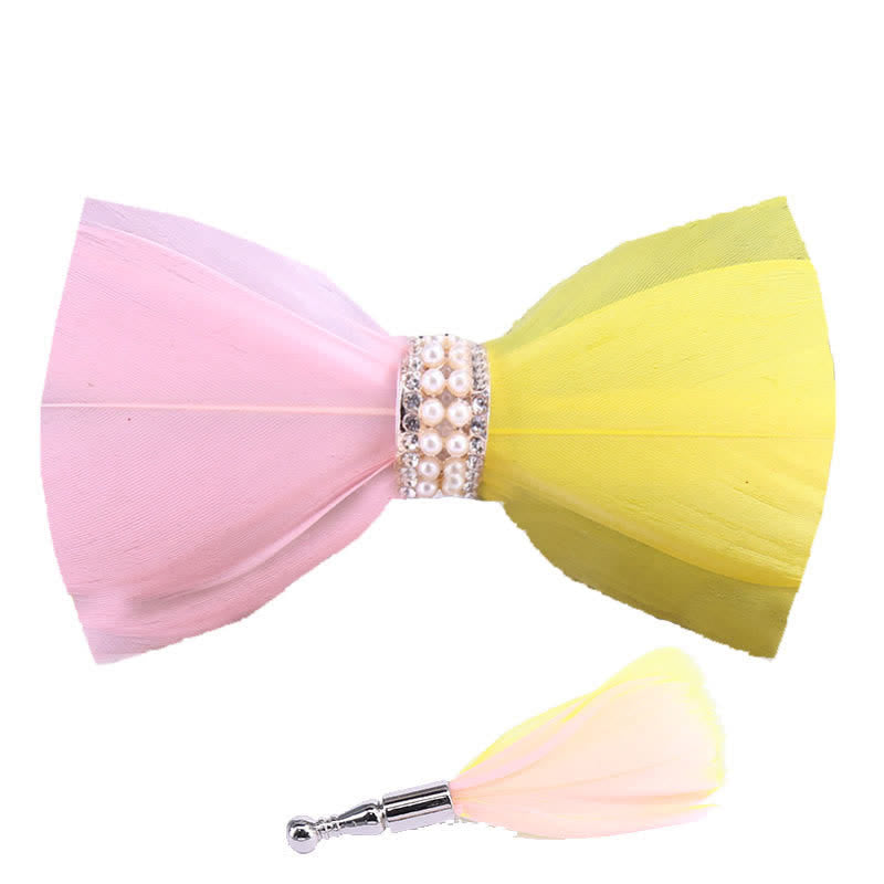 Papillon con piume di perle lucide rosa e gialle con spilla da bavero - image 3