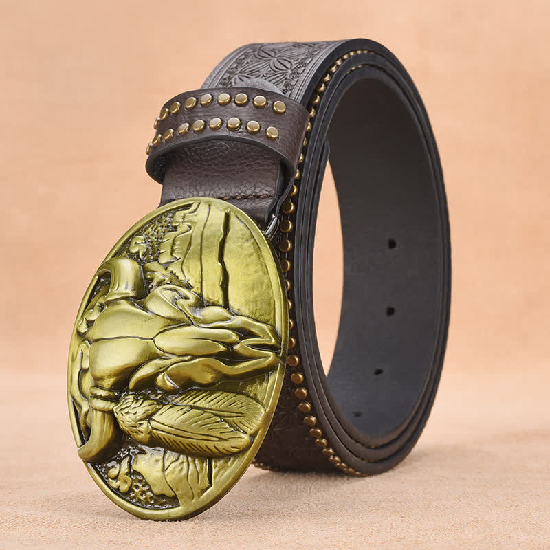 Cintura in pelle con fibbia a testa di toro e rivetto decorativo da uomo - Caffè - 44 - image 1