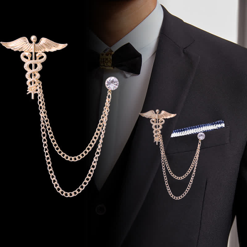Spilla a catena con doppio serpente e caduceo da uomo - image 0