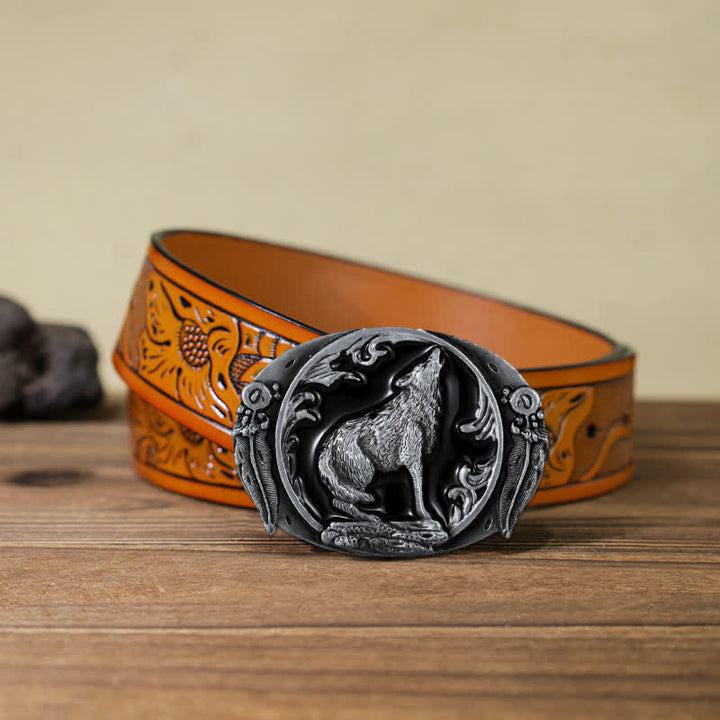 Cintura in pelle con fibbia a forma di lupo ululante e smaltato fai da te da uomo - Nero - Cintura intagliata arancione (40) - image 23
