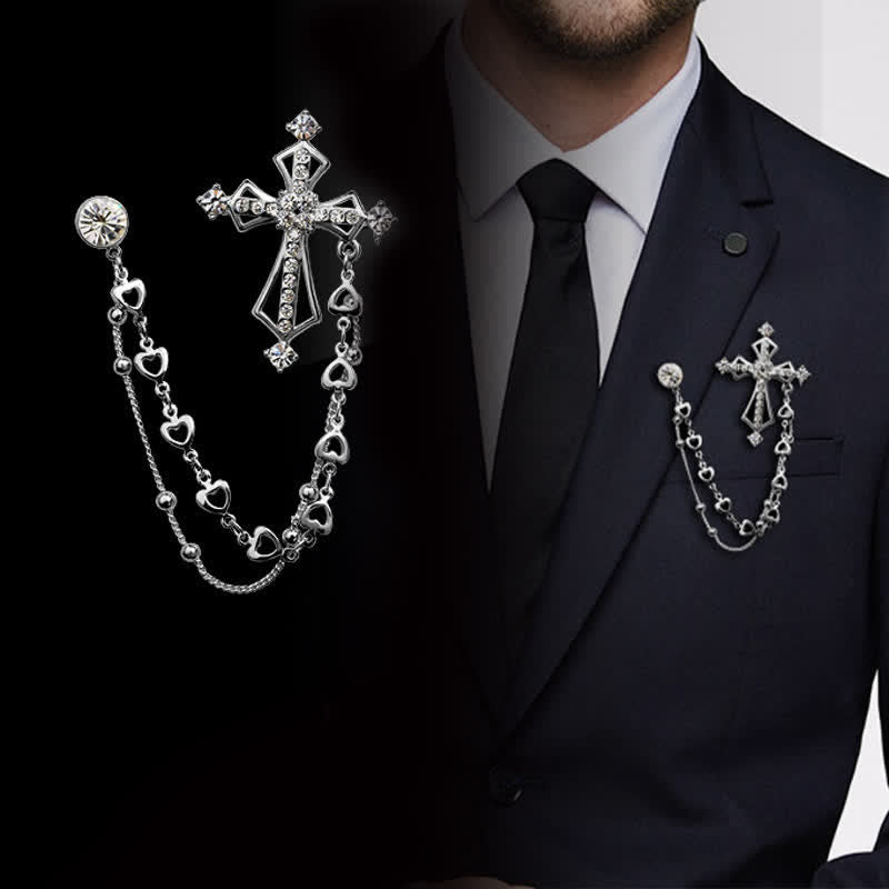 Spilla da uomo con strass a croce e nappe nobili - Argento - image 0
