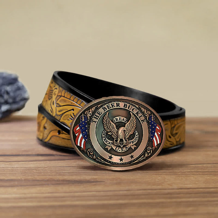 Cintura in pelle con fibbia porta birra creativa fai da te con bandiera USA e aquila da uomo - Rame - Cintura marrone sabbia (40) - image 30