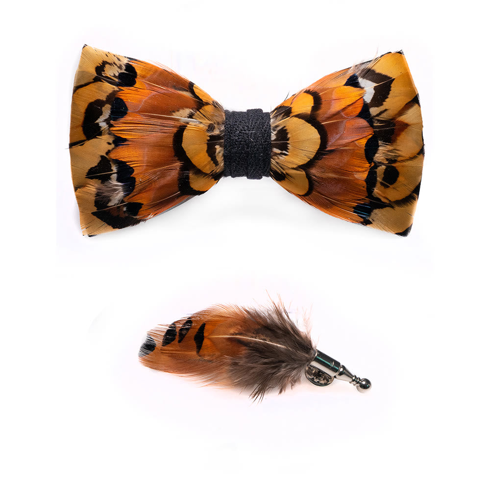 Papillon con piume di fagiano beige e oro per bambini con spilla da bavero - image 3