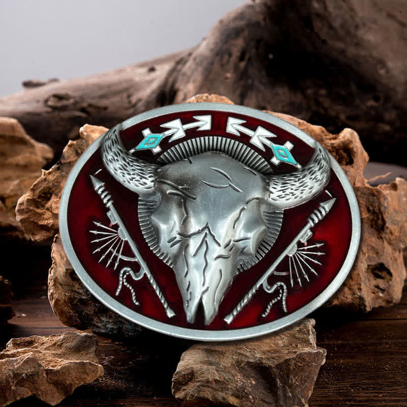 Cintura in pelle con fibbia a forma di teschio di toro a tema indiano fai da te da uomo - Rosso scuro - Senza cintura - image 0