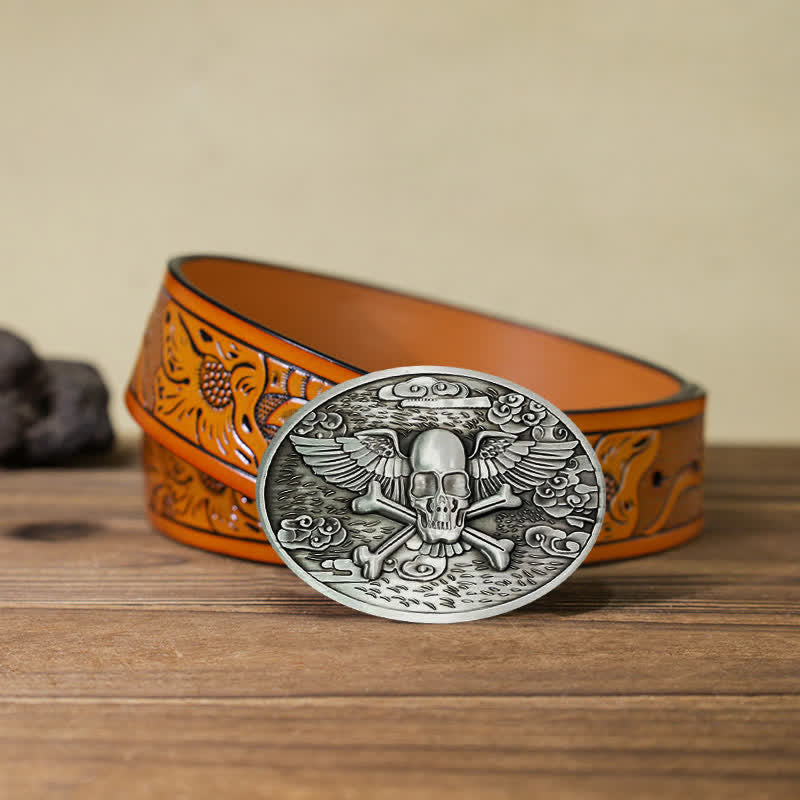 Cintura in pelle con fibbia porta birra creativa fai da te a forma di teschio e angelo da uomo - Argento - Cintura intagliata arancione (40) - image 32