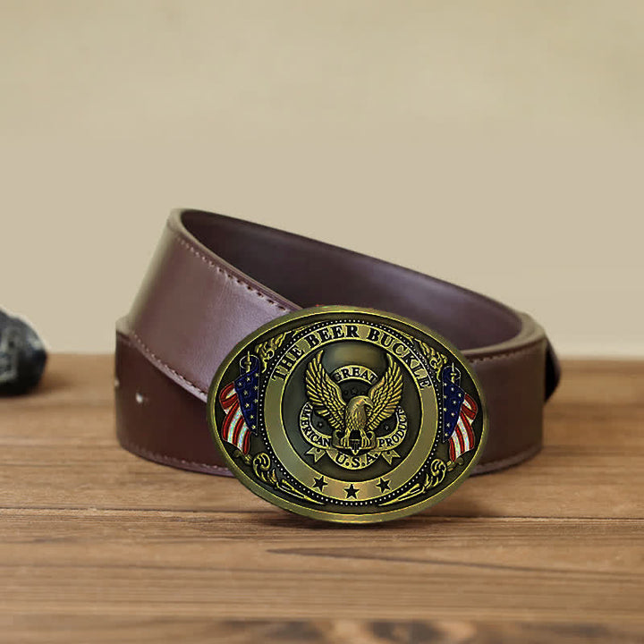 Cintura in pelle con fibbia porta birra creativa fai da te con bandiera USA e aquila da uomo - Bronzo - Cintura PU marrone (40) - image 17