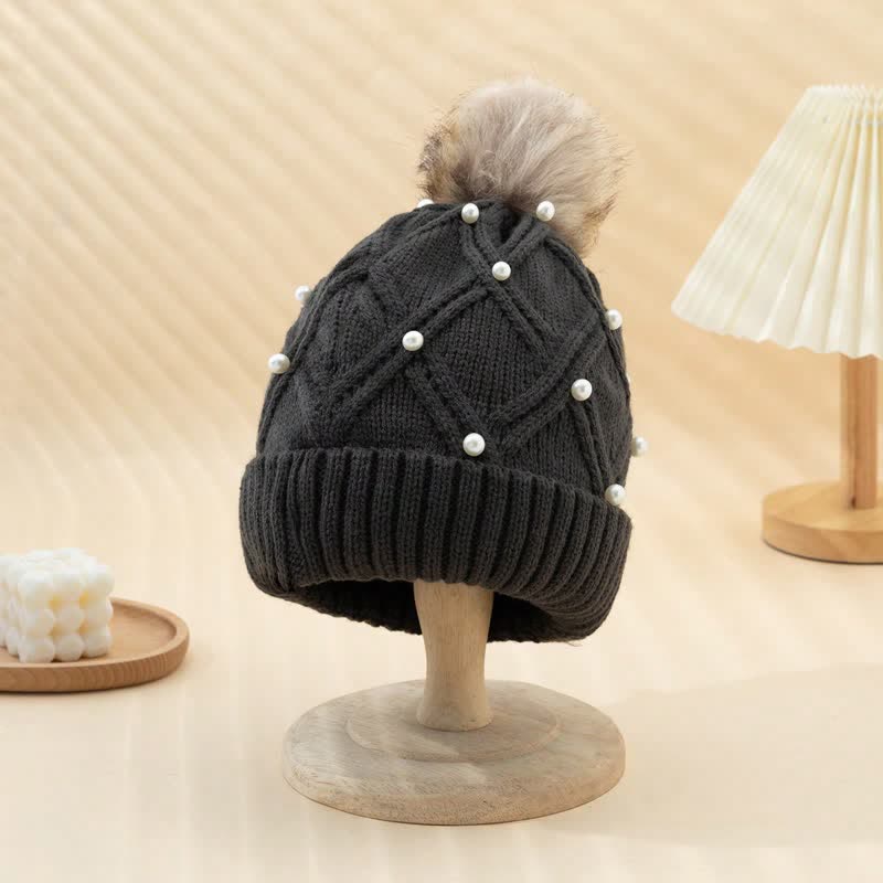 Cappello lavorato a maglia elasticizzato con pompon e perle carine da donna - Grigio scuro - Regolabile (21 5/8"-23 5/8") - image 12