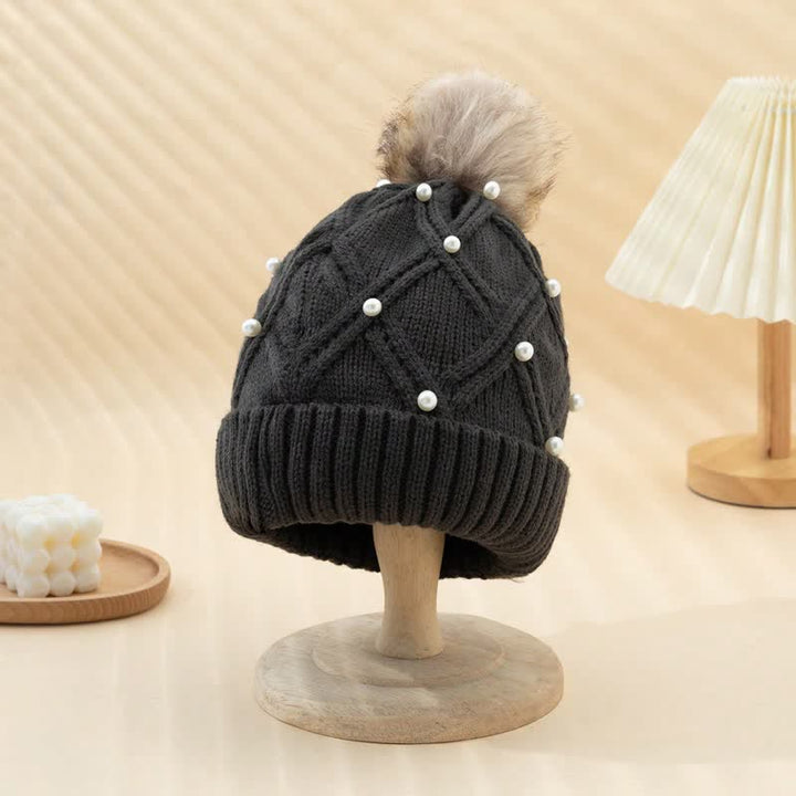 Cappello lavorato a maglia elasticizzato con pompon e perle carine da donna - Grigio scuro - Regolabile (21 5/8"-23 5/8") - image 12