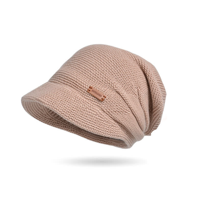 Cappello da donna lavorato a maglia con tesa larga e toppa a forma di lettera - Cachi - Regolabile (circa 21 5/8"-23 5/8") - image 1